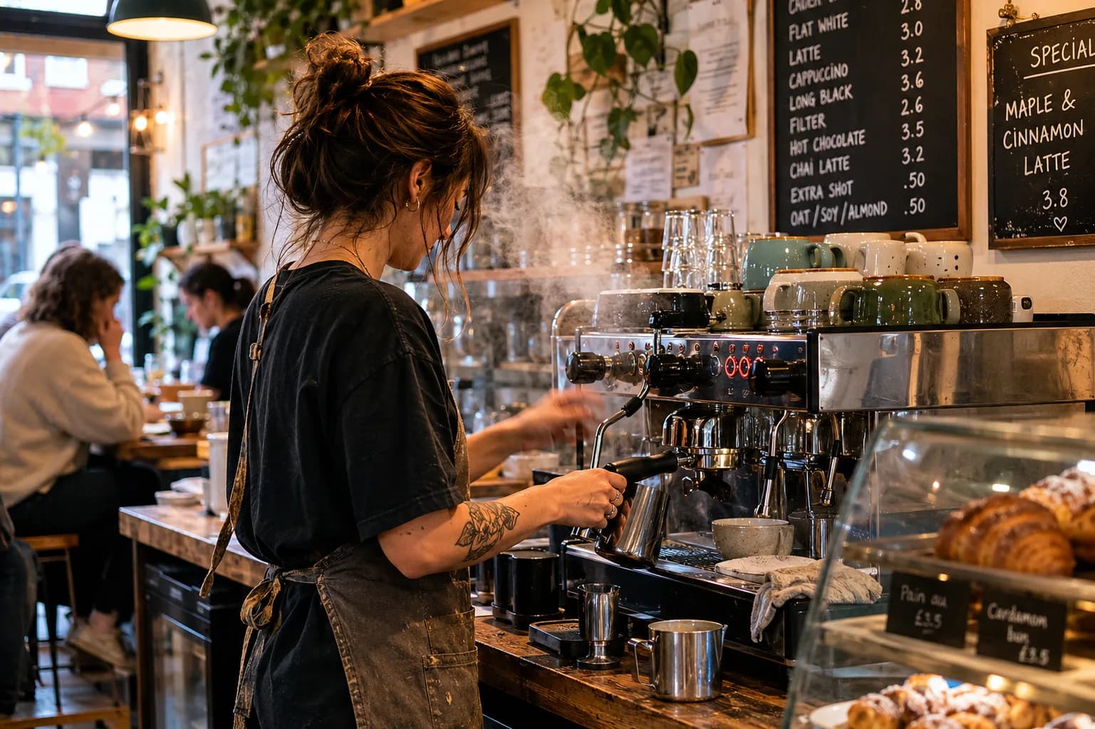 A café floor mid-service, tables occupied and staff working behind the counter.