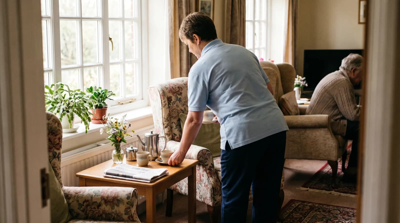 The day room of a small residential aged-care home, a carer setting down a cup of tea.