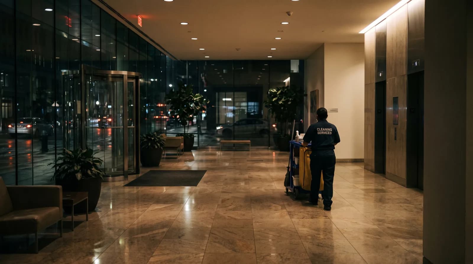 An office lobby late in the evening, a cleaner crossing the floor with a cart.