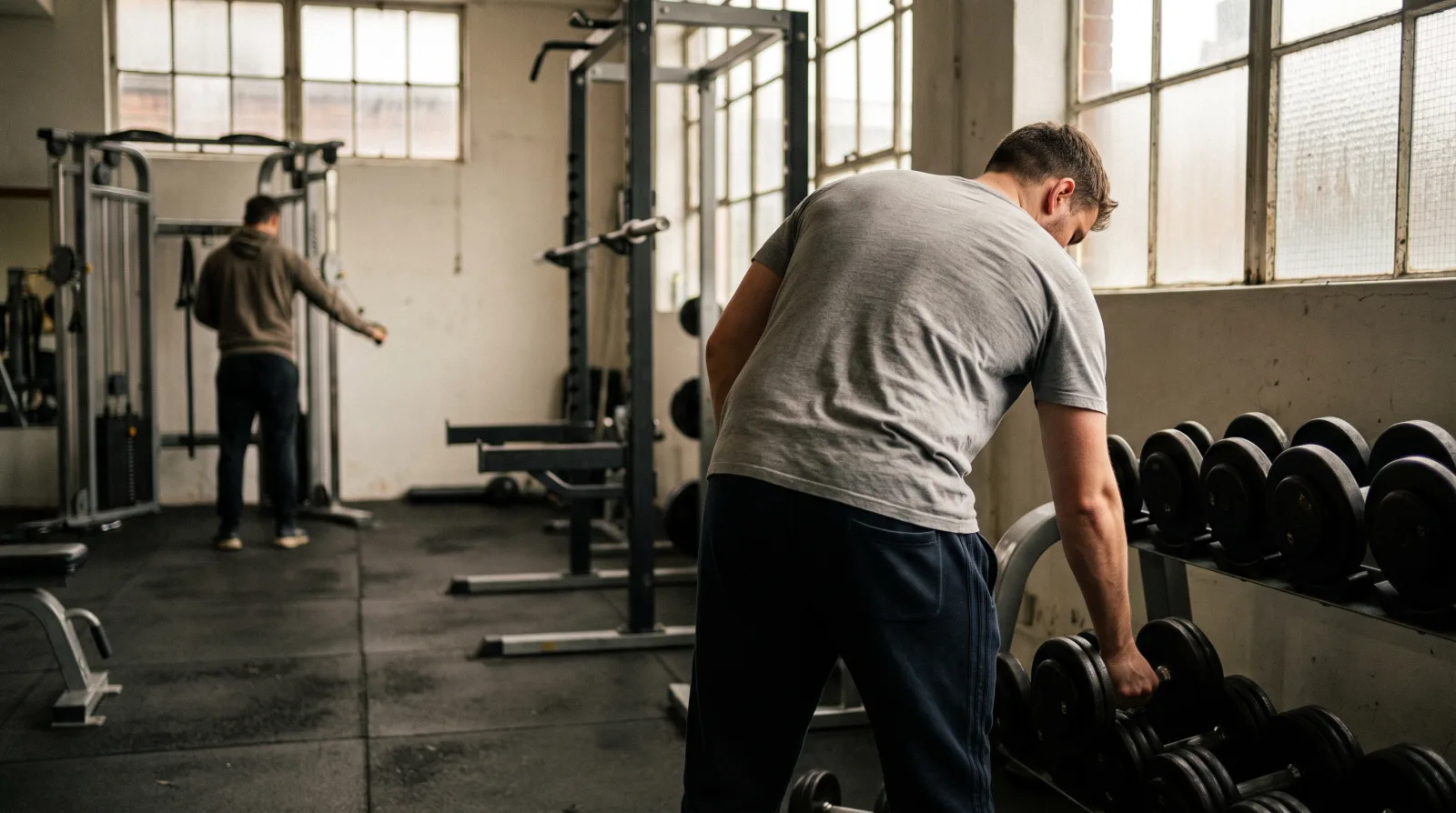 The floor of an independent gym early in the morning, a trainer re-racking a dumbbell.