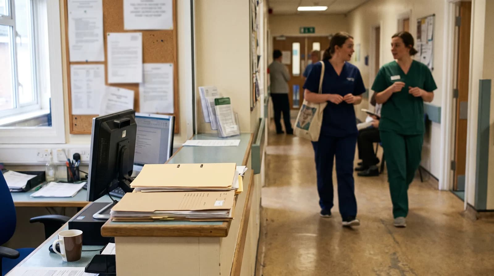 The corridor of a small community medical centre at shift change, two clinical staff walking and talking.