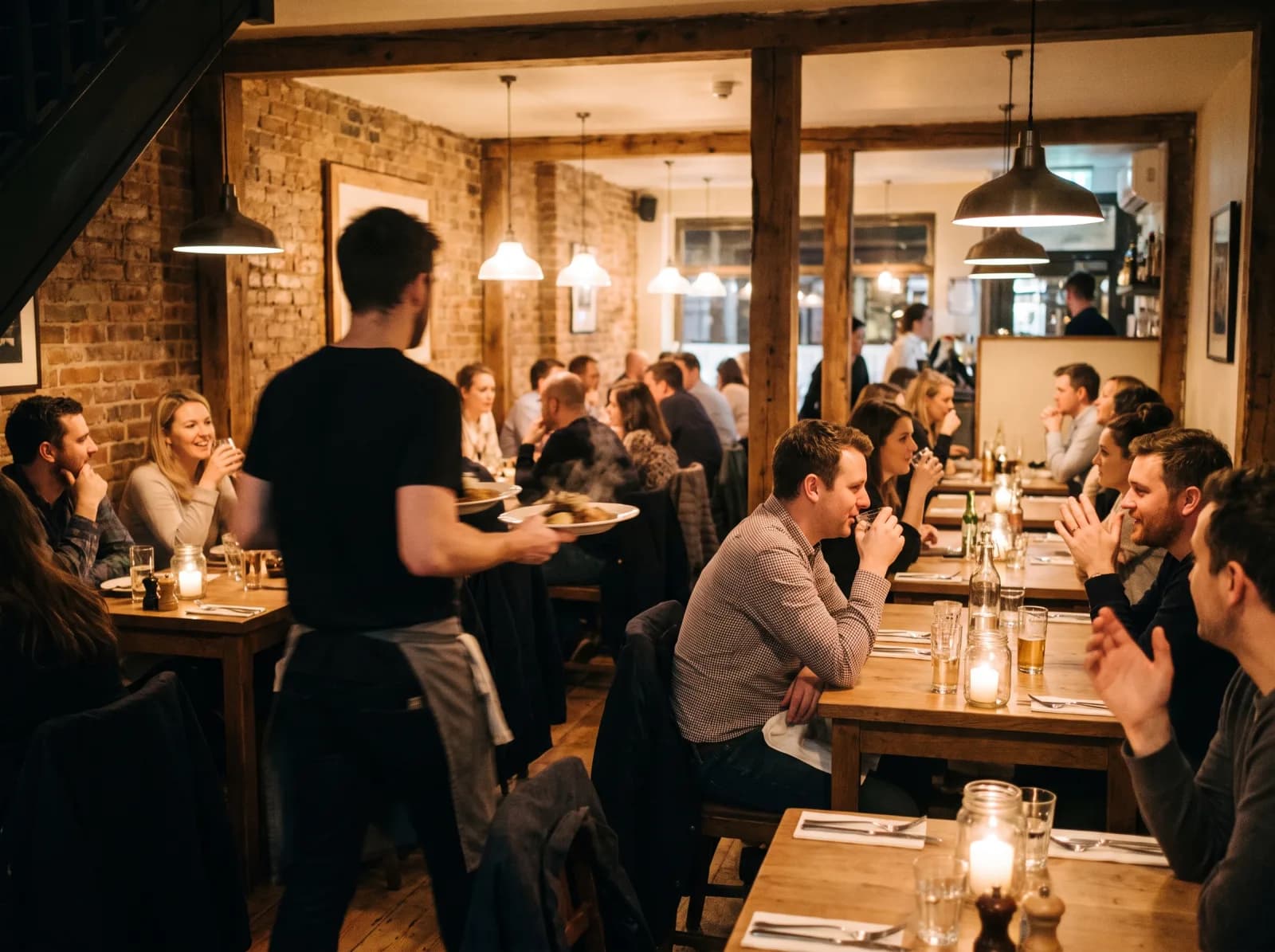 A small restaurant dining room during evening service, tables occupied and a waiter crossing the floor.
