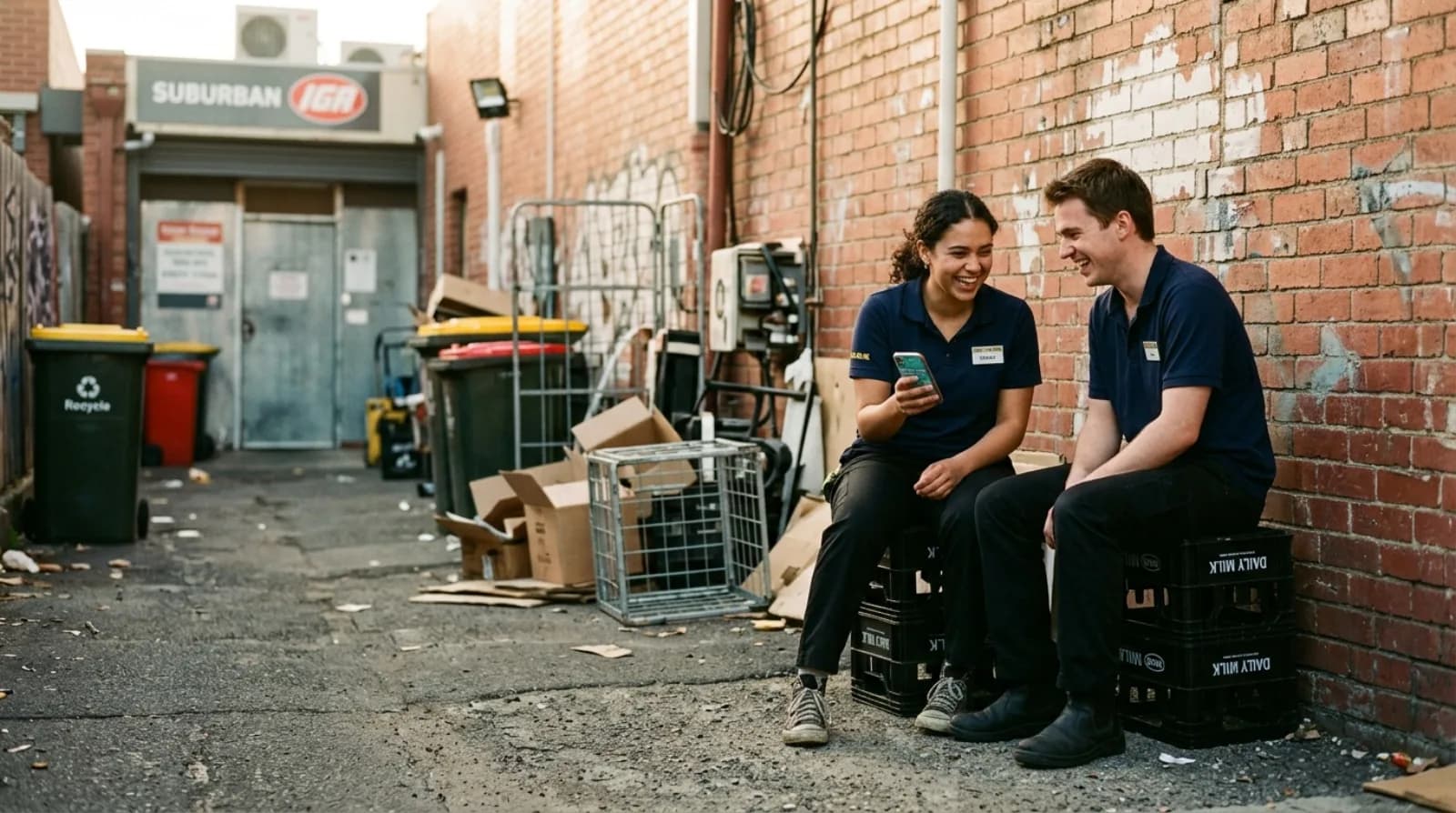 Two hospitality workers on a break out the back of a venue.